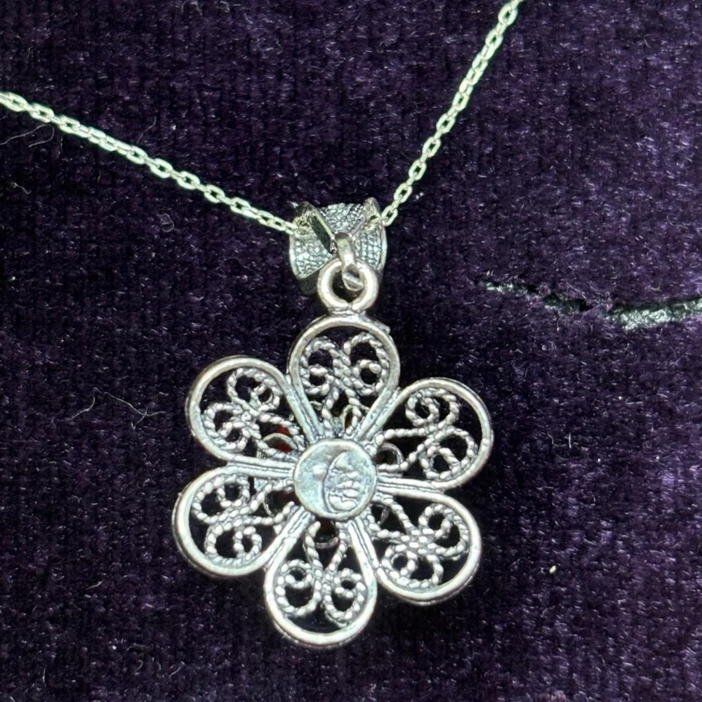925 Sterling Silver Turkish Filigree Flower Necklace for Women, NEW,HandmadeGift - Picture 4 of 5